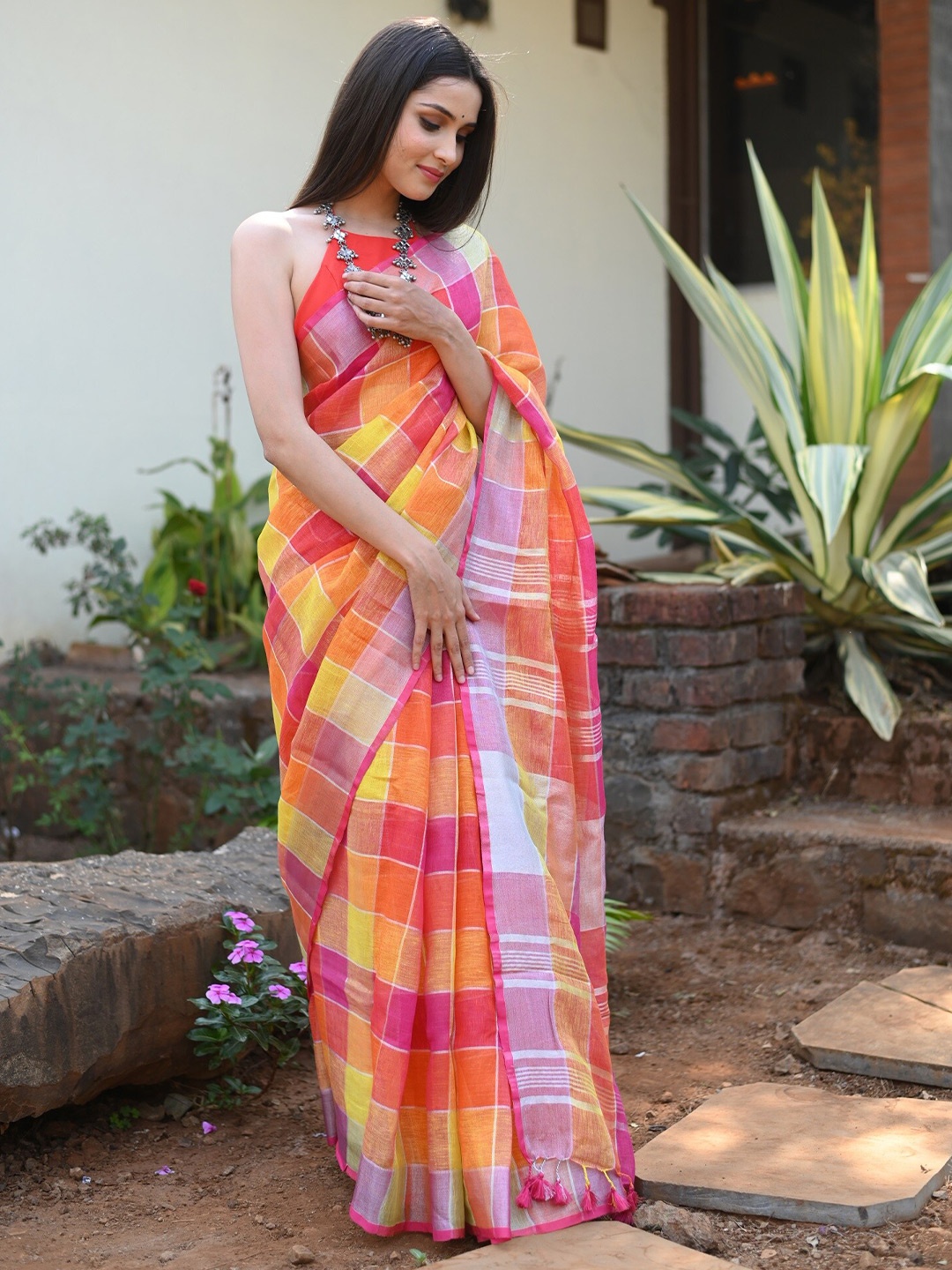 

Very Much Indian Checked Pure Linen Saree, Orange