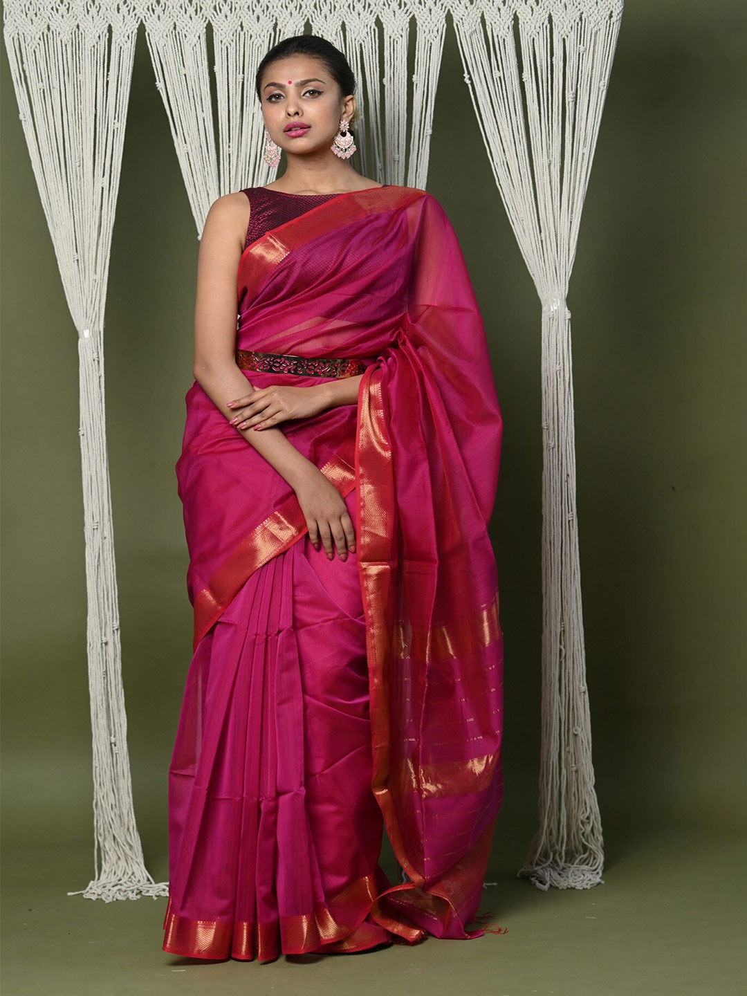 

Very Much Indian Zari Silk Cotton Maheshwari Saree, Red