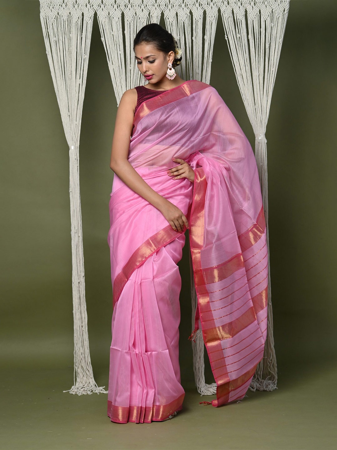 

Very Much Indian Zari Silk Cotton Maheshwari Saree, Pink