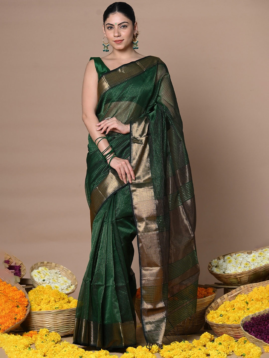 

Very Much Indian Checked Woven Design Zari Silk Cotton Paithani Saree, Green