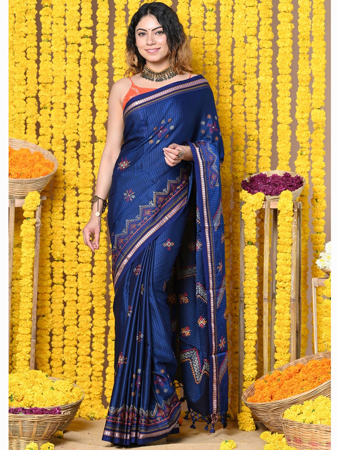 

Very Much Indian Ethnic Motifs Printed Zari Silk Cotton Paithani Saree, Blue