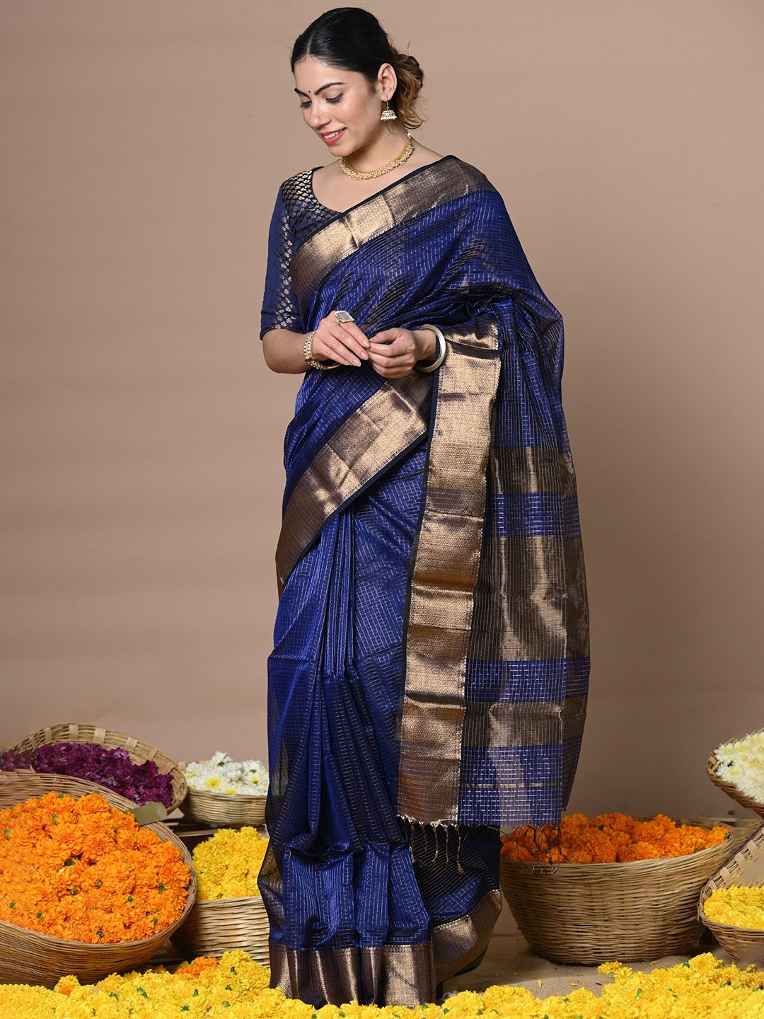 

Very Much Indian Woven Design Zari Silk Cotton Paithani Saree, Navy blue