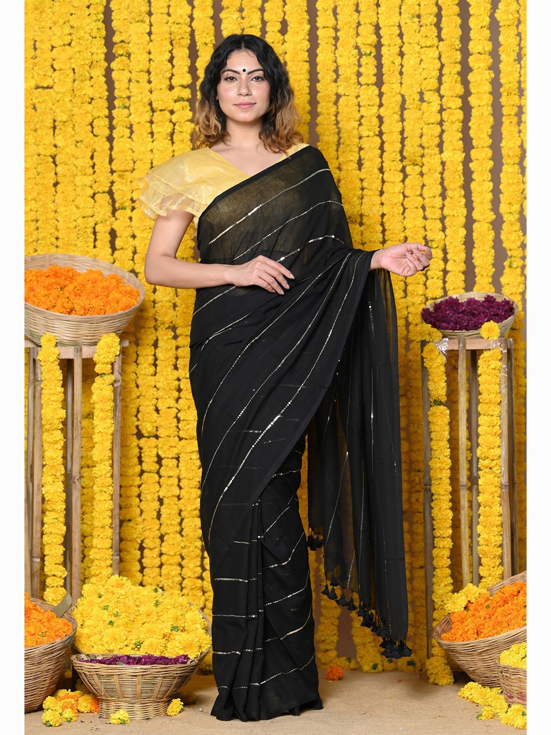 

Very Much Indian Striped Zardozi Pure Cotton Saree, Black