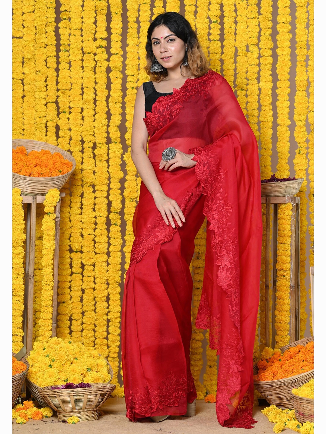 

Very Much Indian Embroidered Organza Paithani Saree, Red