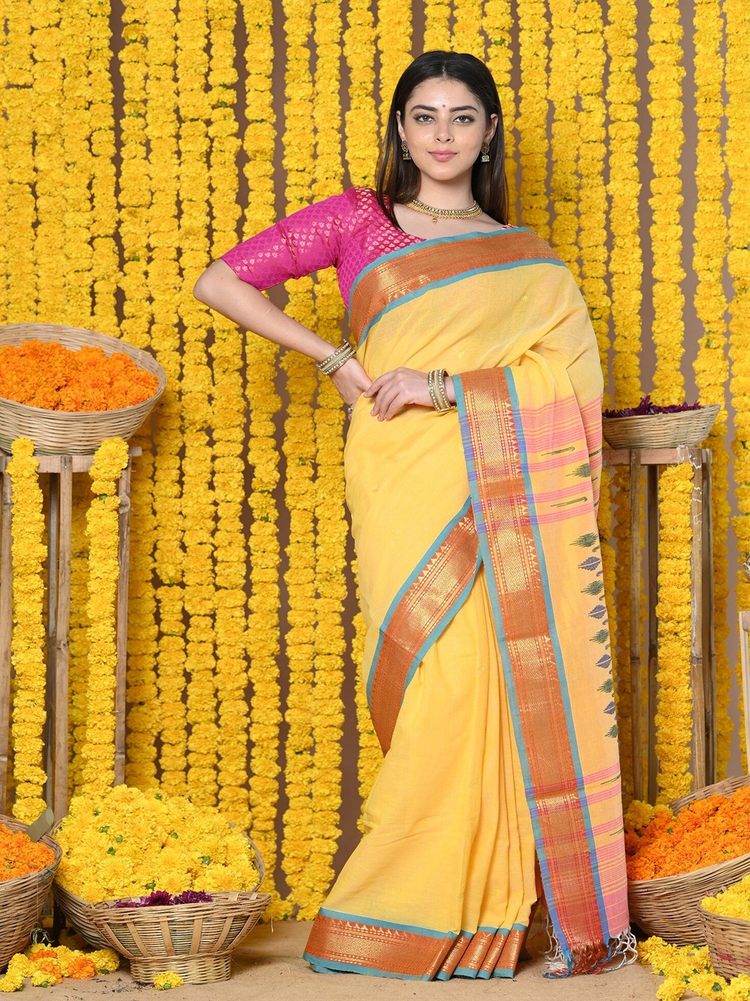 

Very Much Indian Woven Design Zari Pure Cotton Paithani Saree, Yellow