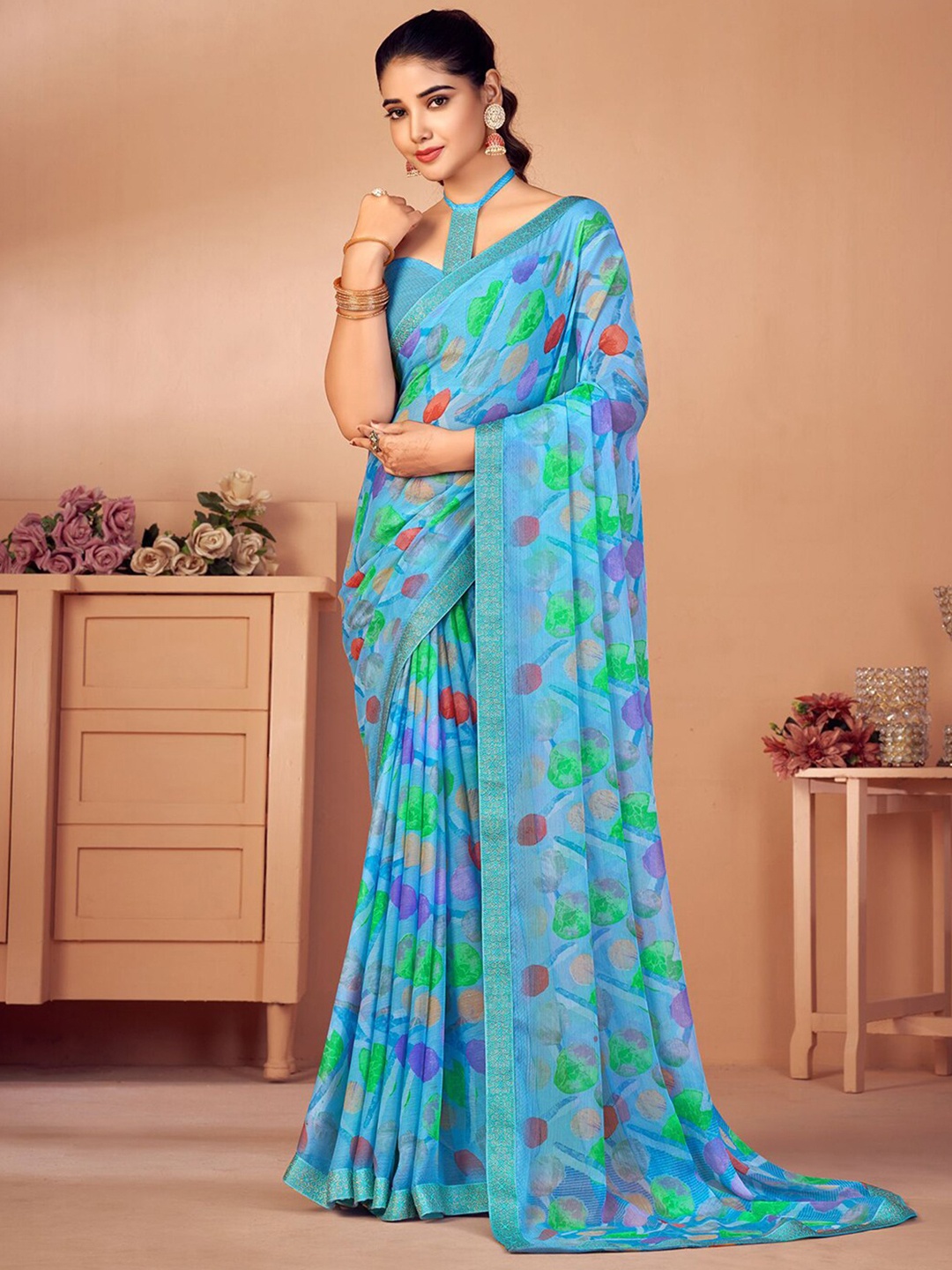 

Satrani Abstract Printed Zari Saree, Turquoise blue