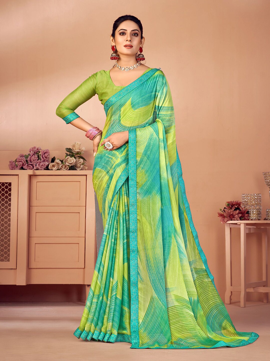 

Satrani Abstract Printed Saree, Lime green