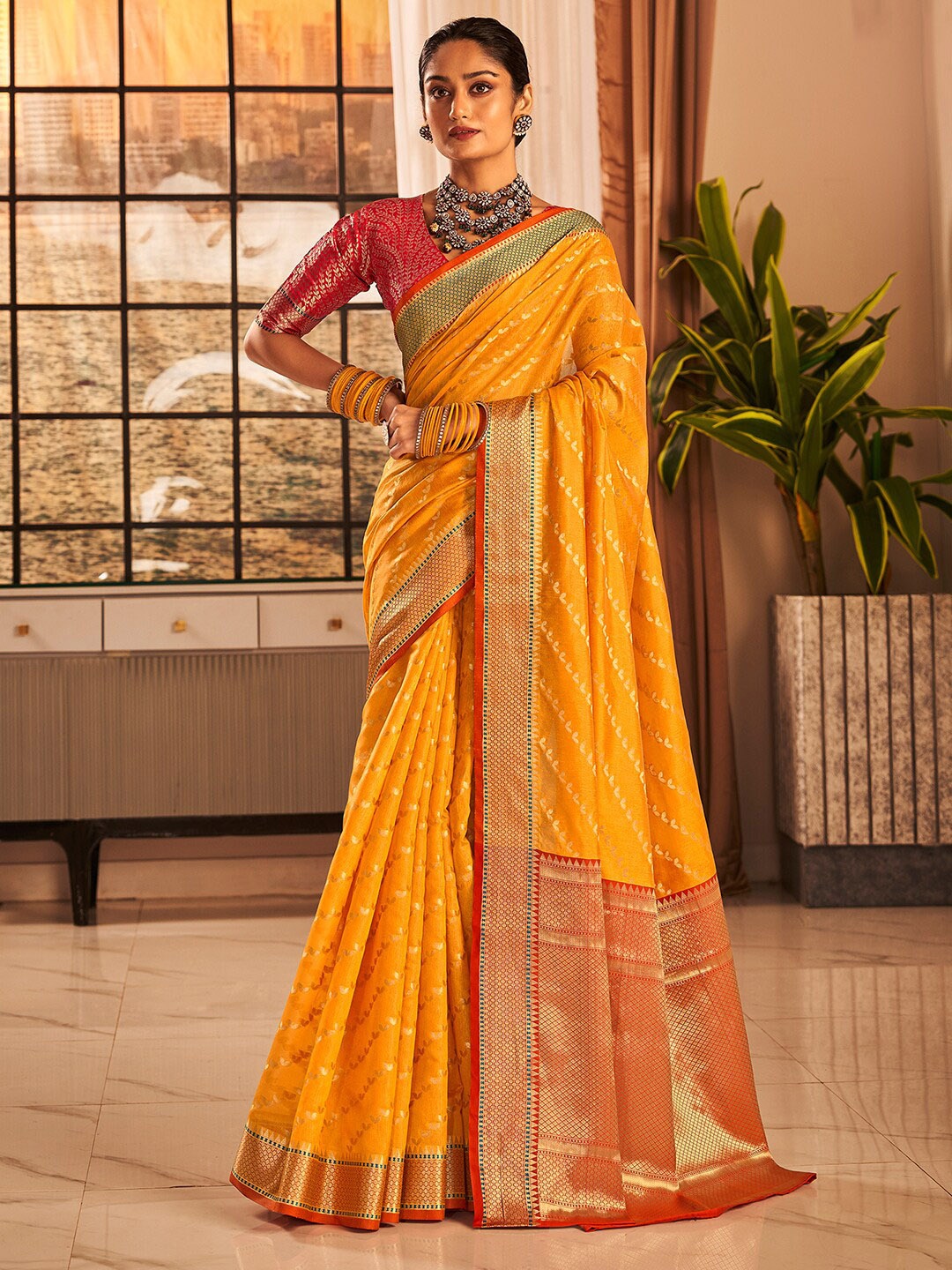 

Satrani Woven Design Zari Saree, Yellow