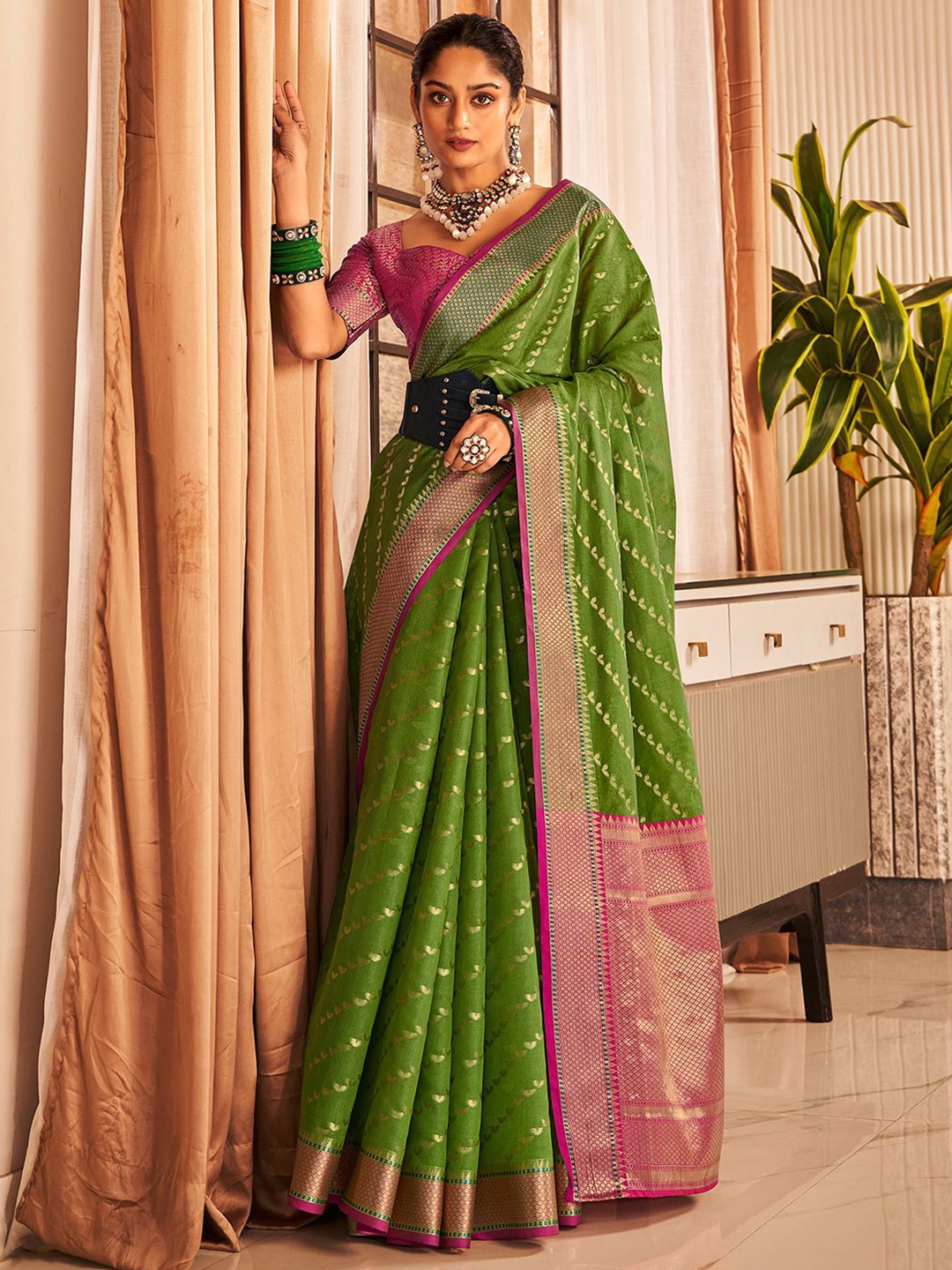 

Satrani Woven Design Zari Silk Blend Saree, Green