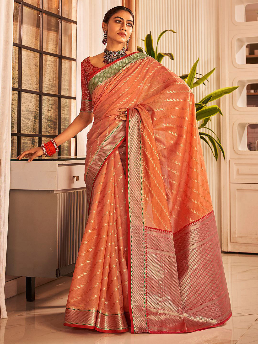 

Satrani Woven Design Zari Silk Blend Saree, Orange