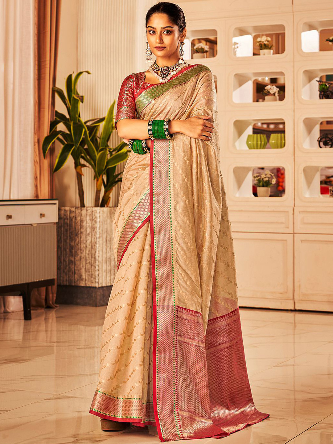 

Satrani Woven Design Zari Silk Blend Saree, Beige