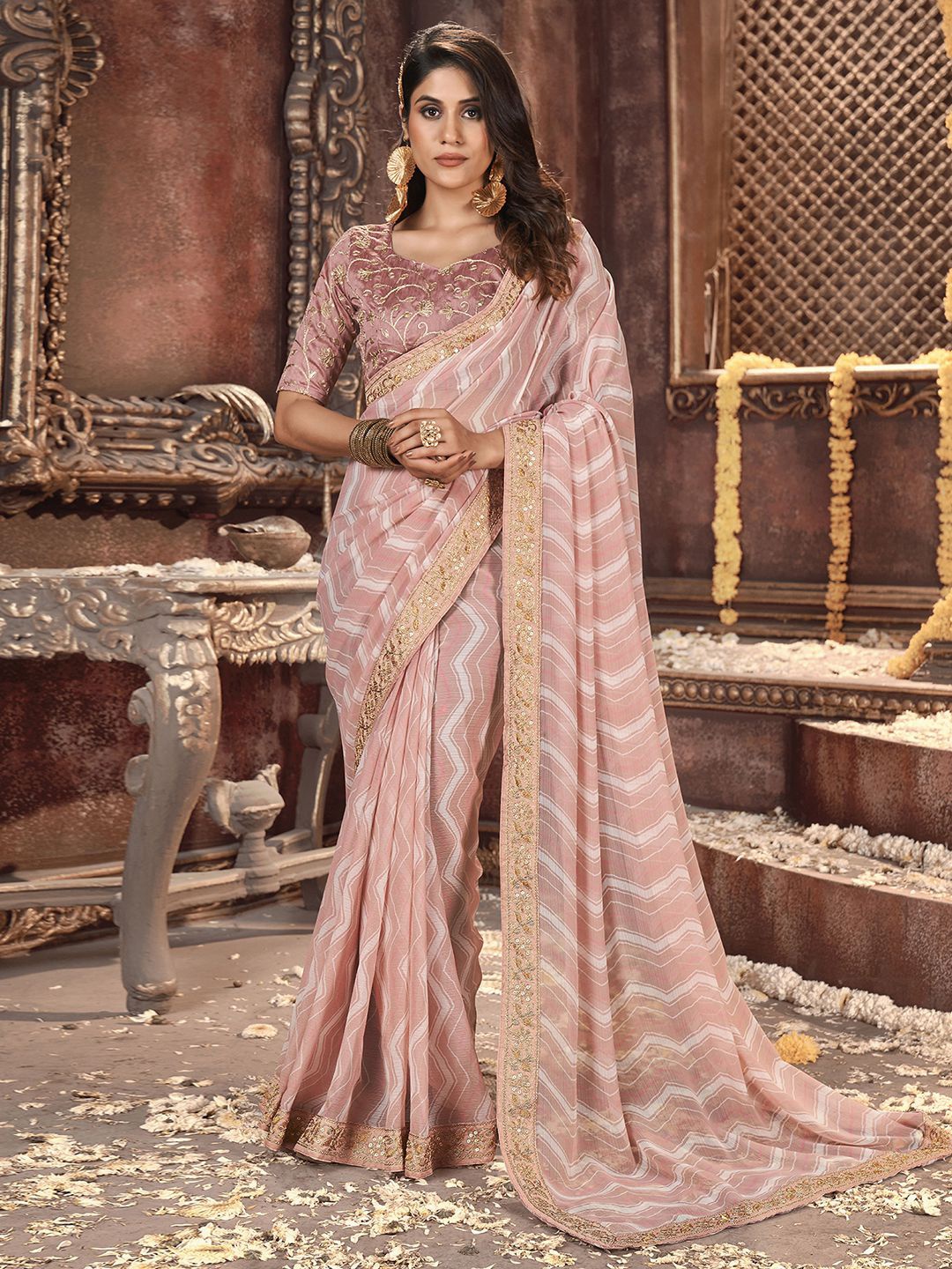 

Satrani Striped Sequinned Poly Georgette Leheriya Saree, Pink