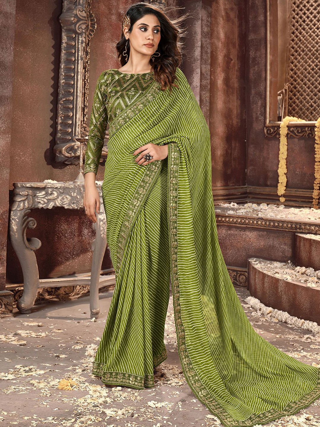 

Satrani Leheriya Embroidered Poly Georgette Leheriya Saree, Olive