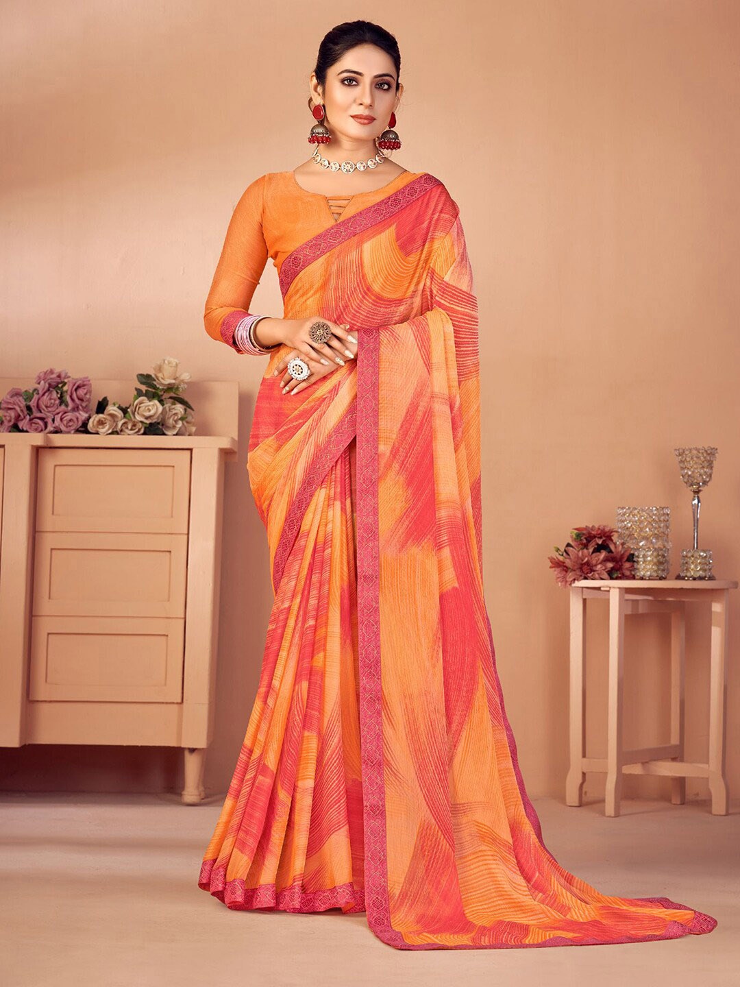 

Satrani Abstract Printed Saree, Orange