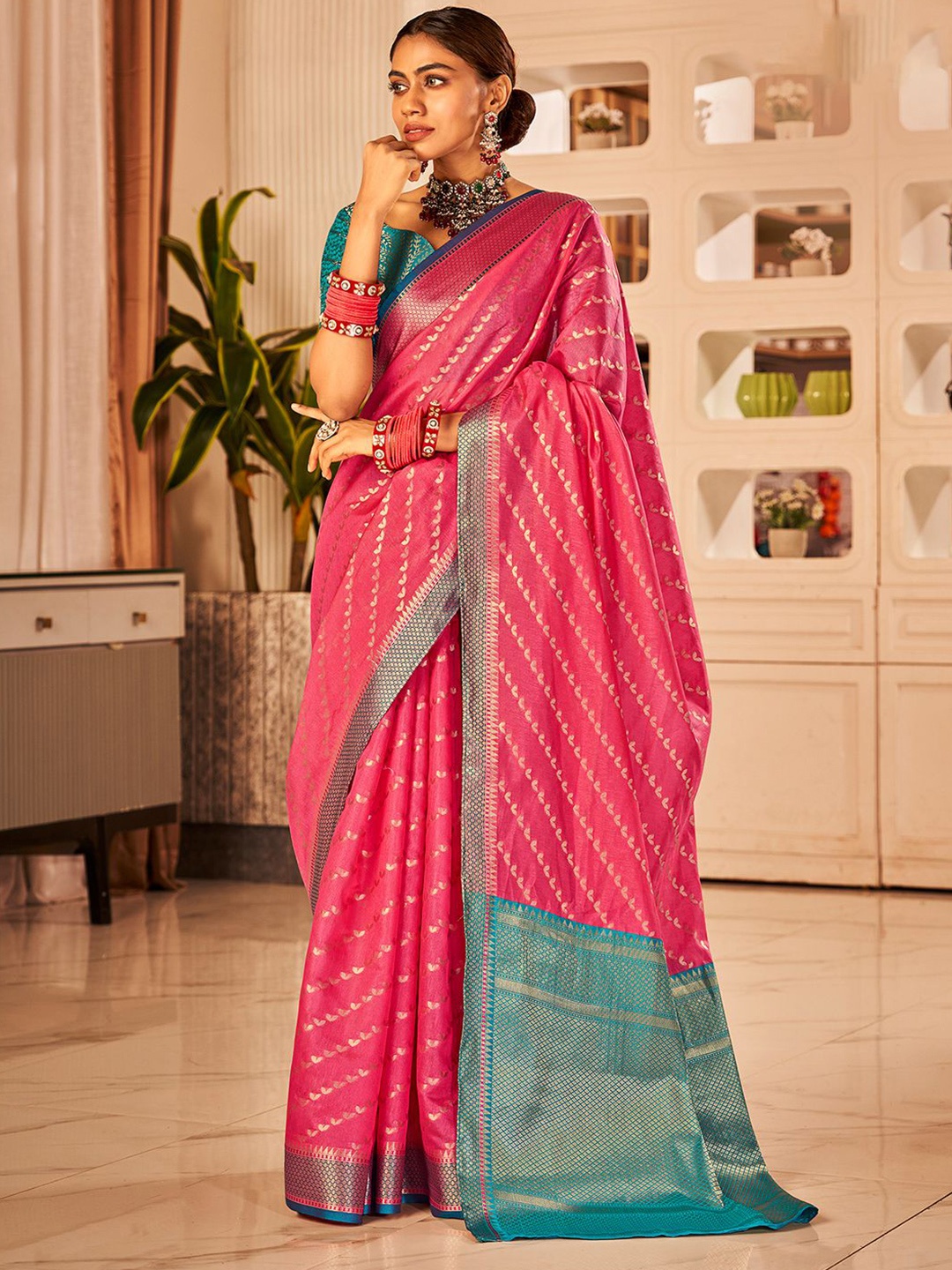 

Satrani Pink & Turquoise Blue Woven Design Jaquard Zari Saree