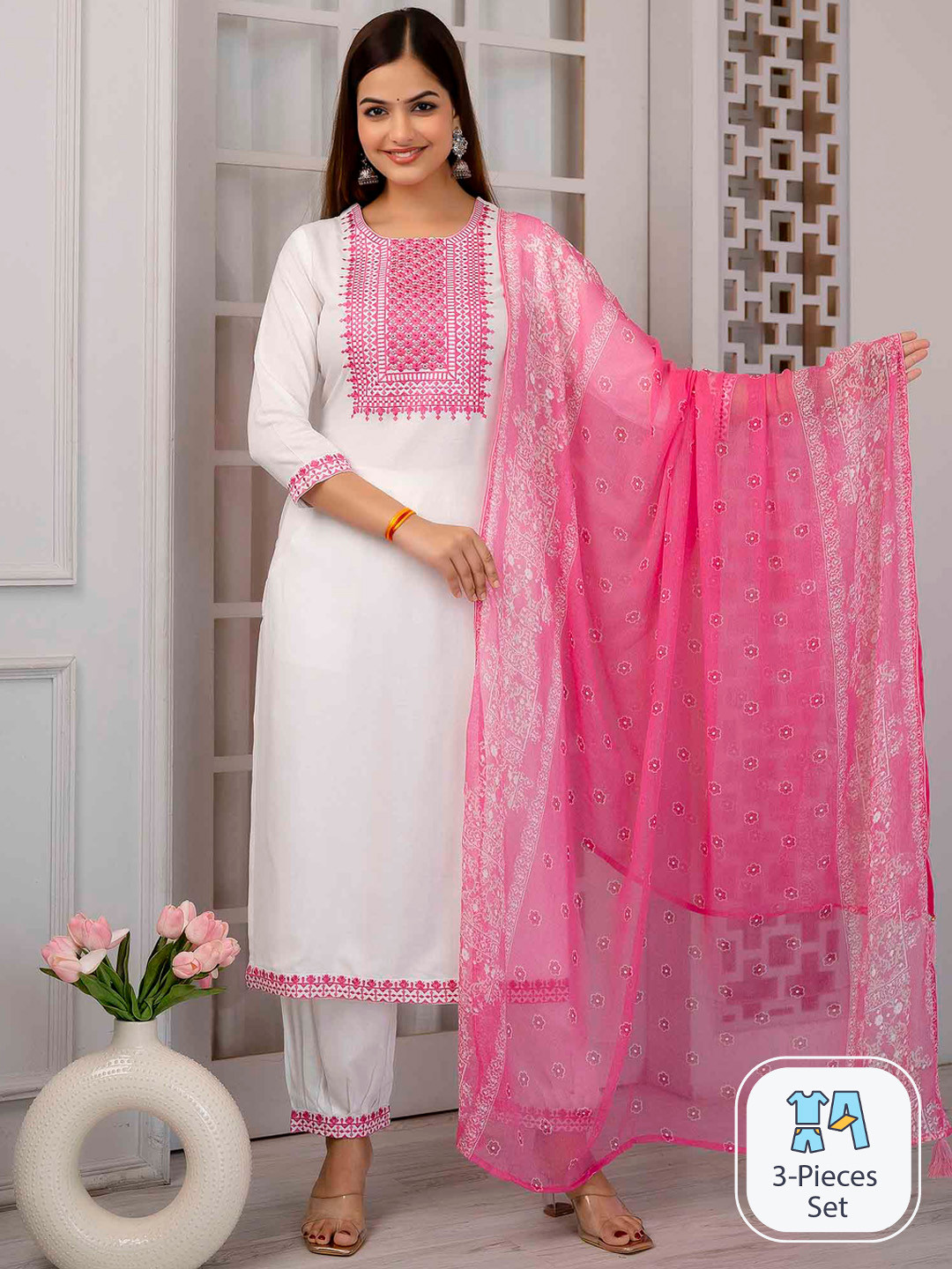 

Nehamta Ethnic Motifs Embroidered Regular Thread Work Kurta with Salwar & With Dupatta, White