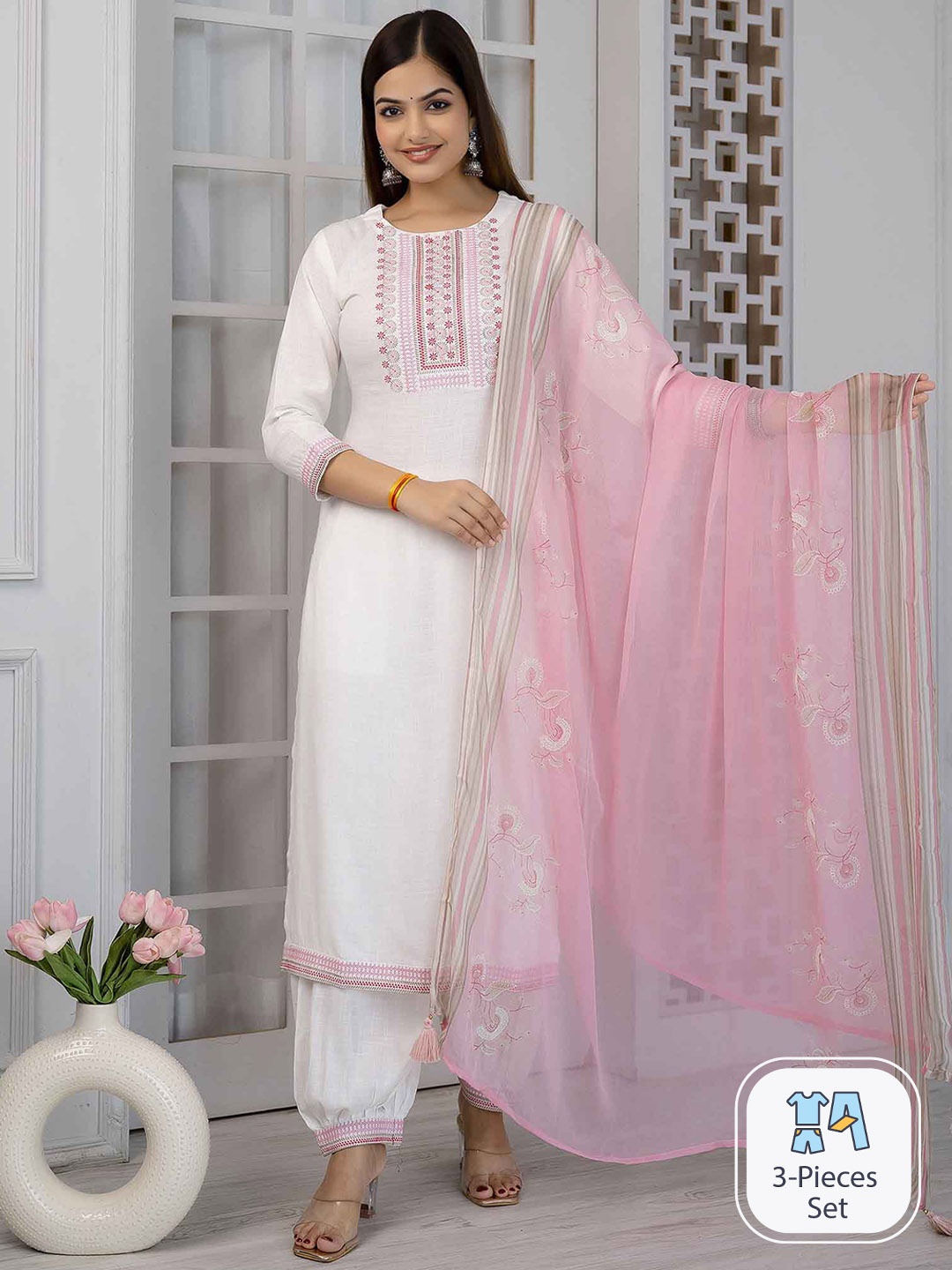 

Nehamta Floral Embroidered Regular Thread Work Kurta with Salwar & Dupatta, White