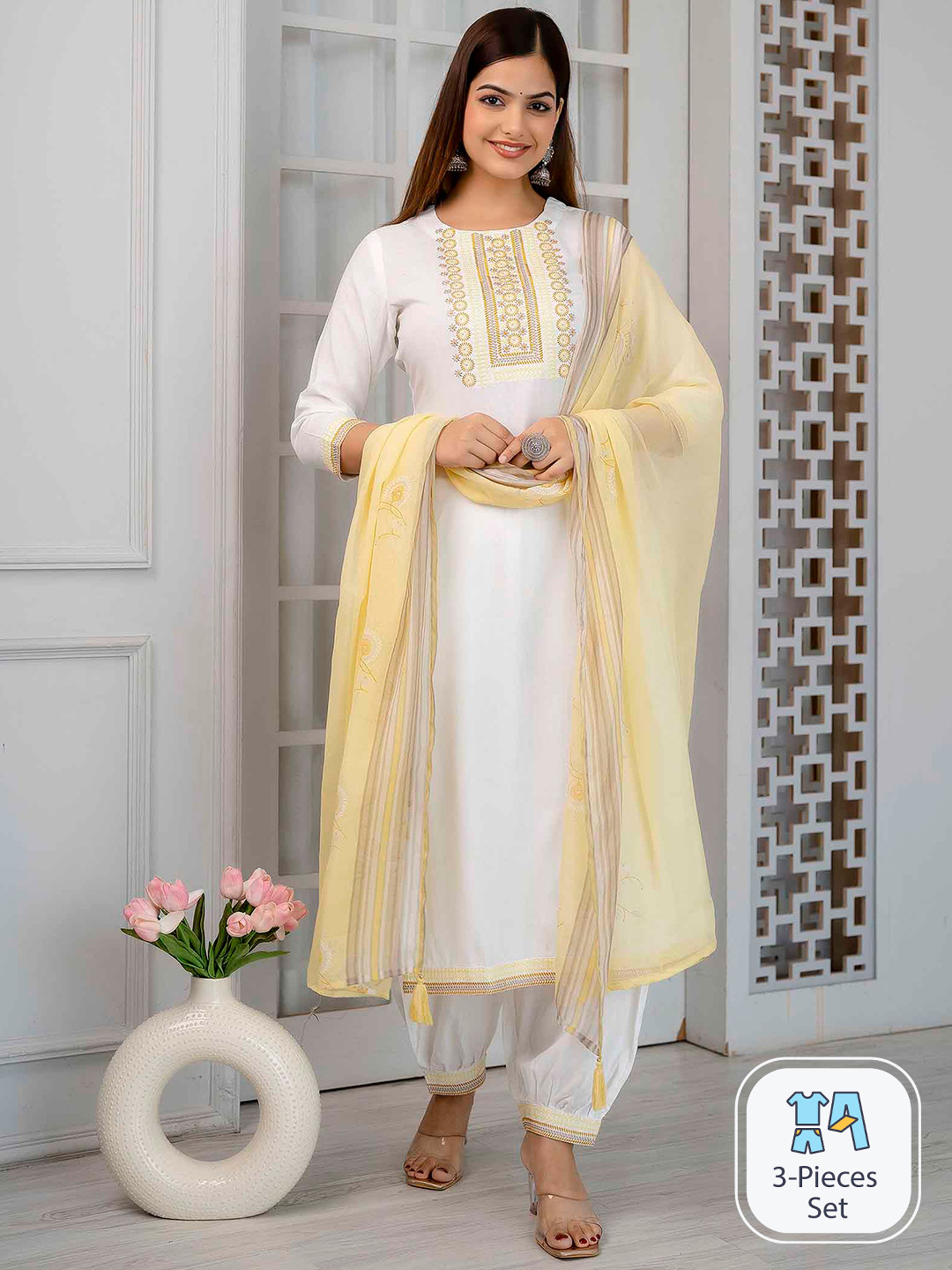 

Nehamta Floral Yoke Design Thread Work Kurta with Harem Pants & Dupatta, White