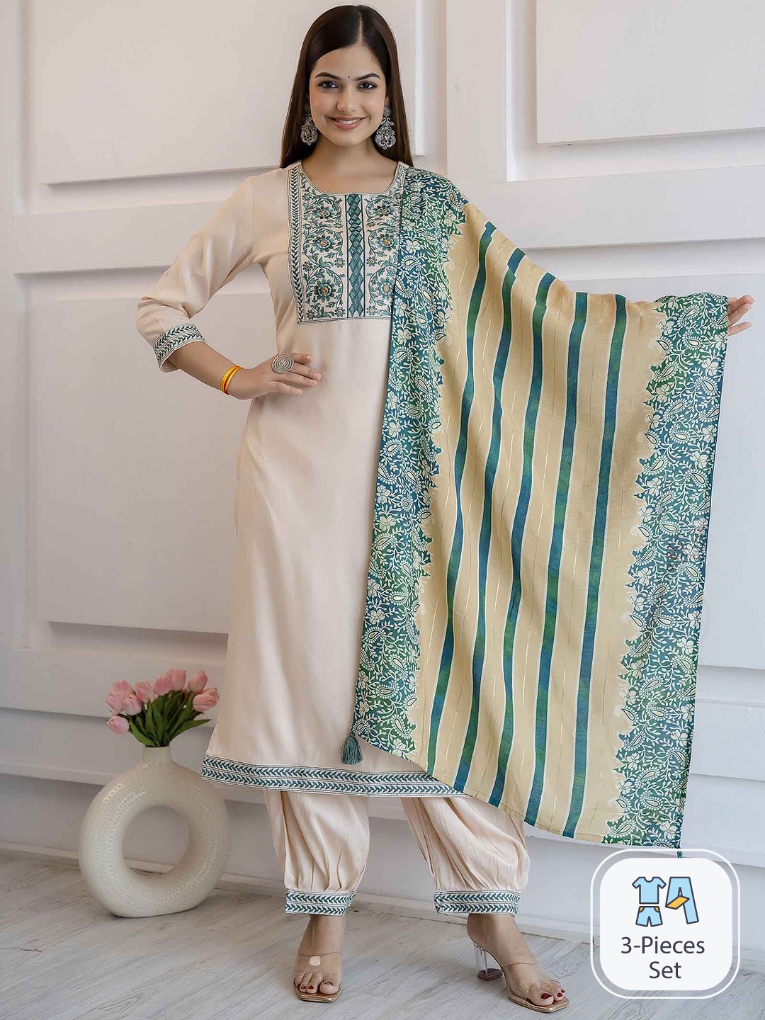 

Nehamta Ethnic Motifs Embroidered Thread Work Kurta with Salwar & Dupatta, Cream