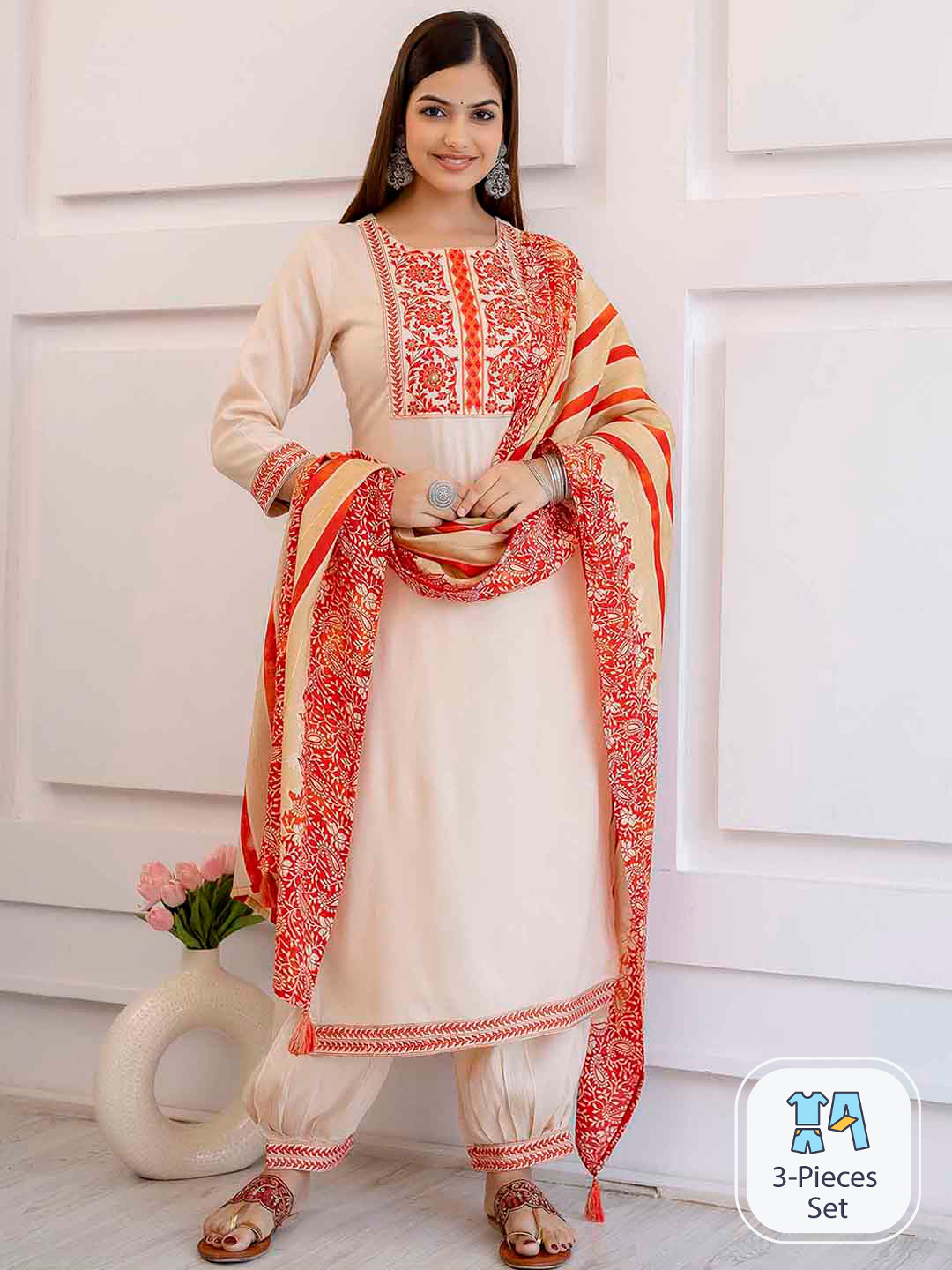 

Nehamta Embroidered Thread Work Kurta with Salwar & Dupatta, Cream