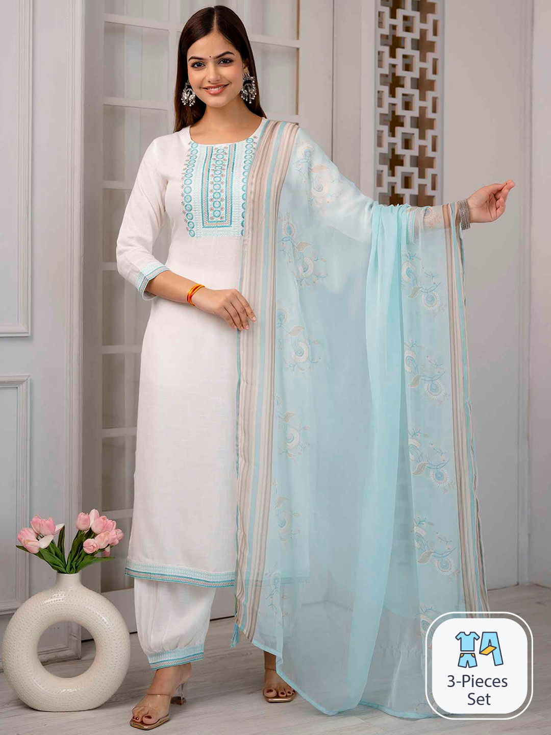 

Nehamta Yoke Design Regular Thread Work Kurta with Salwar & Dupatta, White