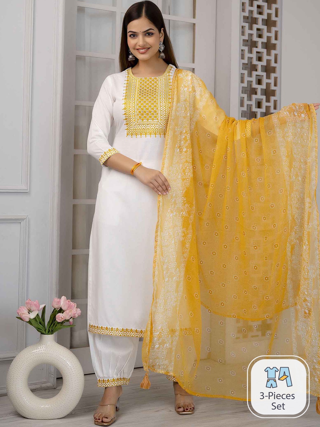 

Nehamta Ethnic Motifs Yoke Design Thread Work Kurta with Harem Pants & Dupatta, White