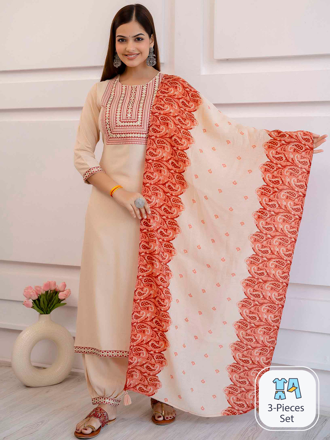 

Nehamta Ethnic Motifs Yoke Design Regular Thread Work Kurta with Salwar & Dupatta, Cream