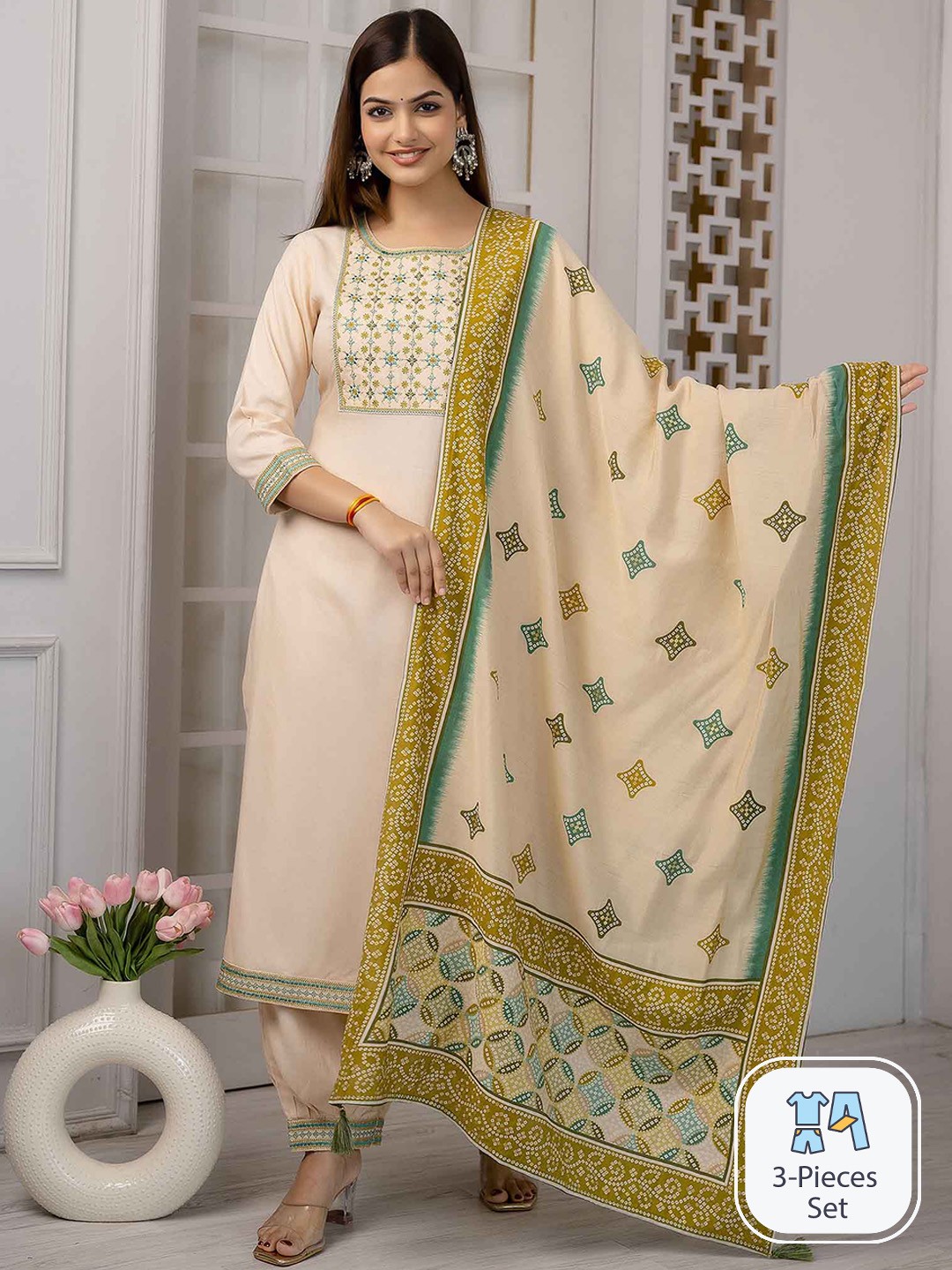 

Nehamta Ethnic Motifs Embroidered Thread Work Kurta with Salwar & Dupatta, Cream