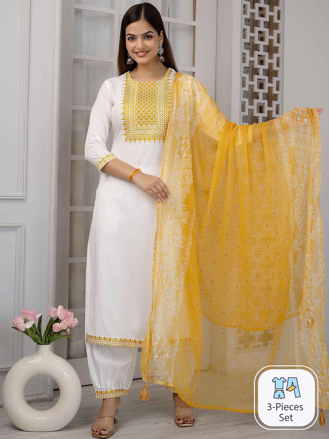 

KALINI Ethnic Motifs Yoke Design Thread Work Kurta with Salwar & Dupatta, White