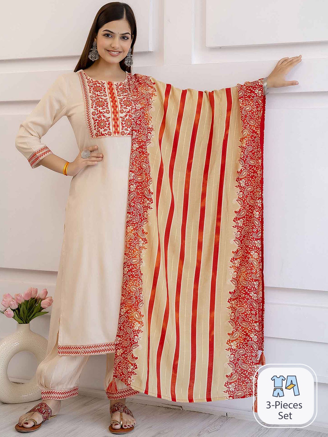 

KALINI Floral Yoke Design Regular Thread Work Kurta With Salwar & Dupatta, Cream