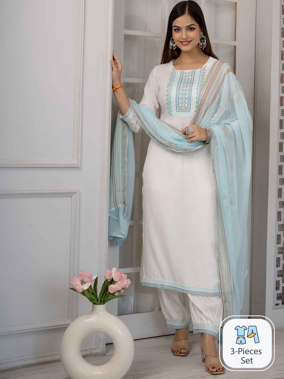 

KALINI Floral Yoke Design Straight Kurta with Salwar & Dupatta, White