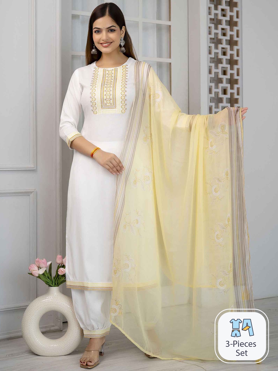 

KALINI Ethnic Motifs Yoke Design Thread Work Straight Kurta & Salwar With Dupatta, White