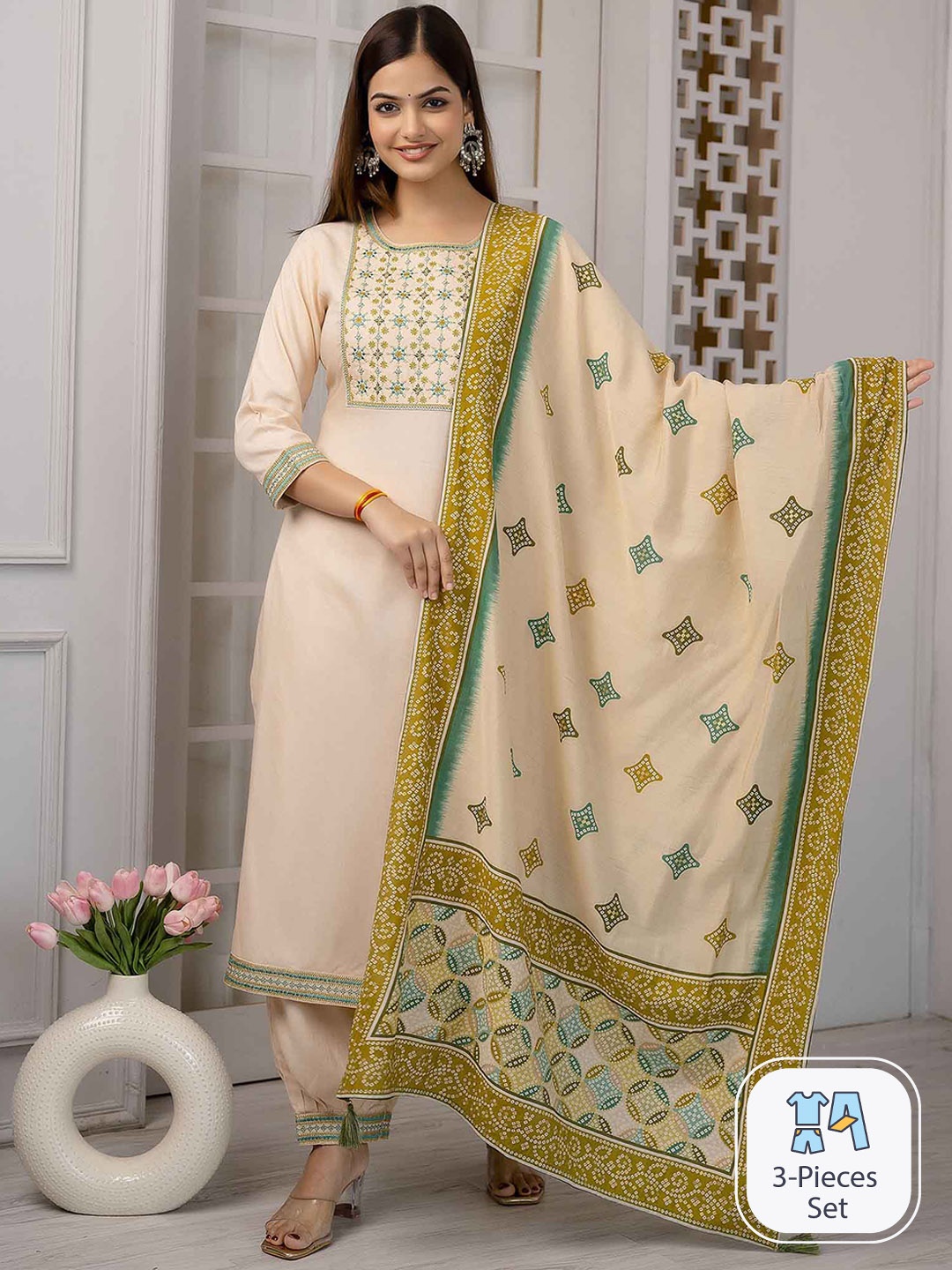 

KALINI Ethnic Motifs Embroidered Straight Kurta with Salwar & Dupatta, Cream