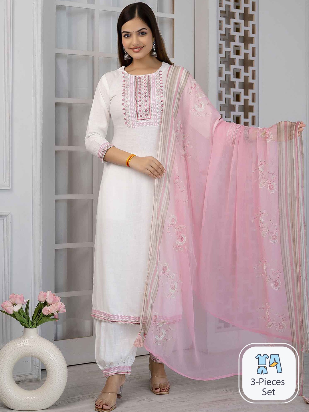 

KALINI Floral Embroidered Straight Kurta with Salwar & Dupatta, White