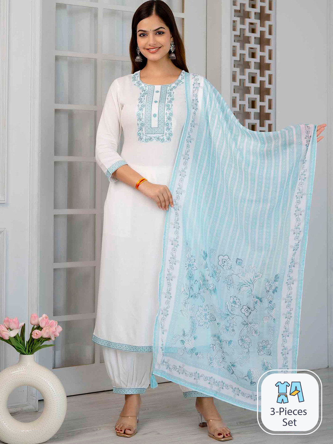 

KALINI Floral Yoke Design Regular Thread Work Kurta with Salwar & Dupatta, White