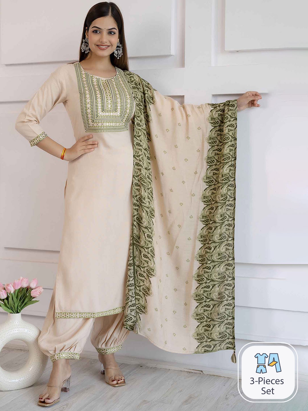

KALINI Ethnic Motifs Yoke Design Thread Work Straight Kurta & Salwar With Dupatta, Cream