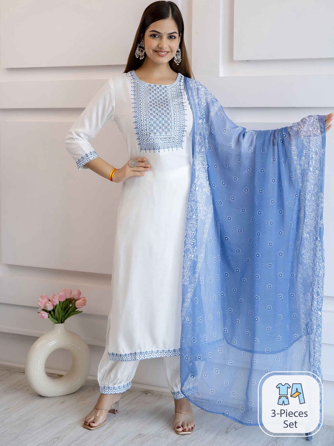 

KALINI Ethnic Motifs Yoke Design Thread Work Kurta with Salwar & Dupatta, White