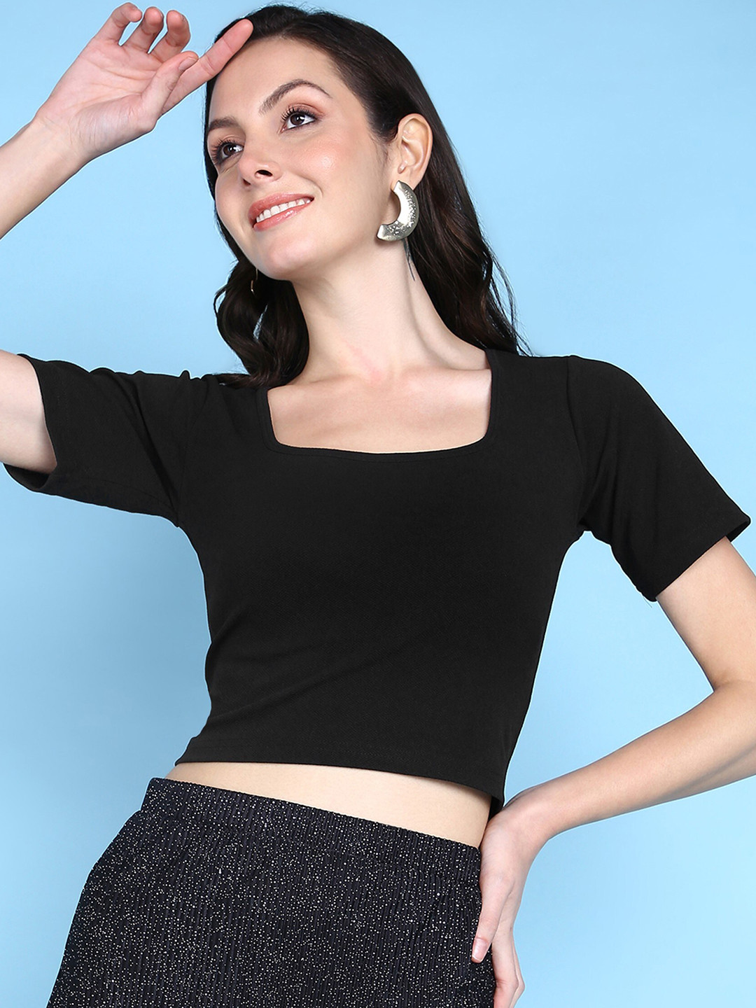 

Popwings Square Neck Crop Regular Top, Black