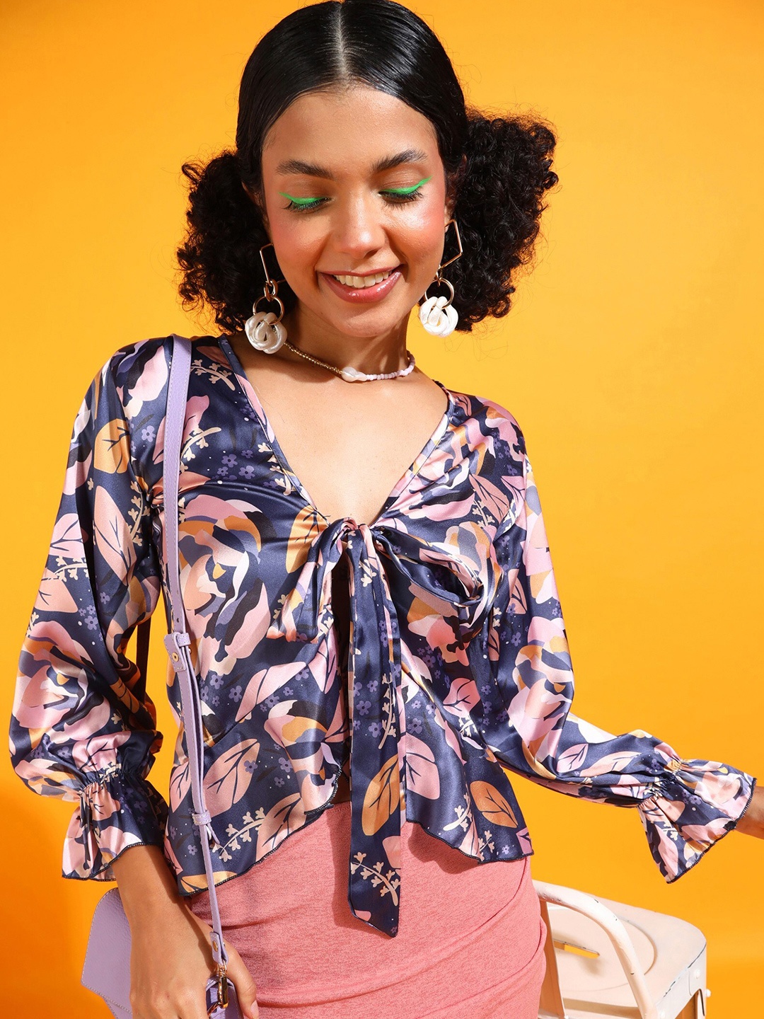 Popwings Floral Printed Tie-Up Neck Satin Top, Purple