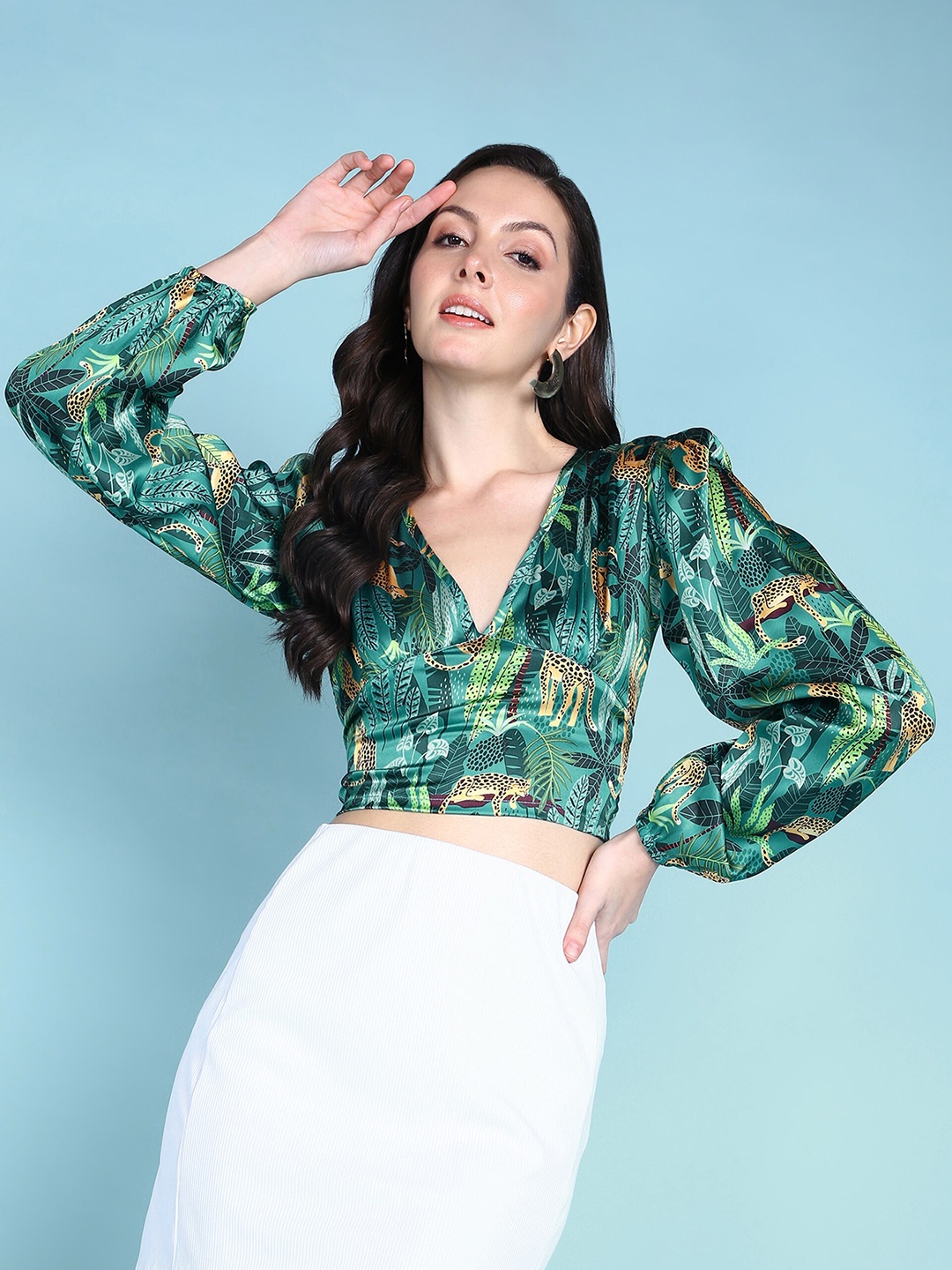 

Popwings Floral Printed Satin Smocking Crop Top, Green