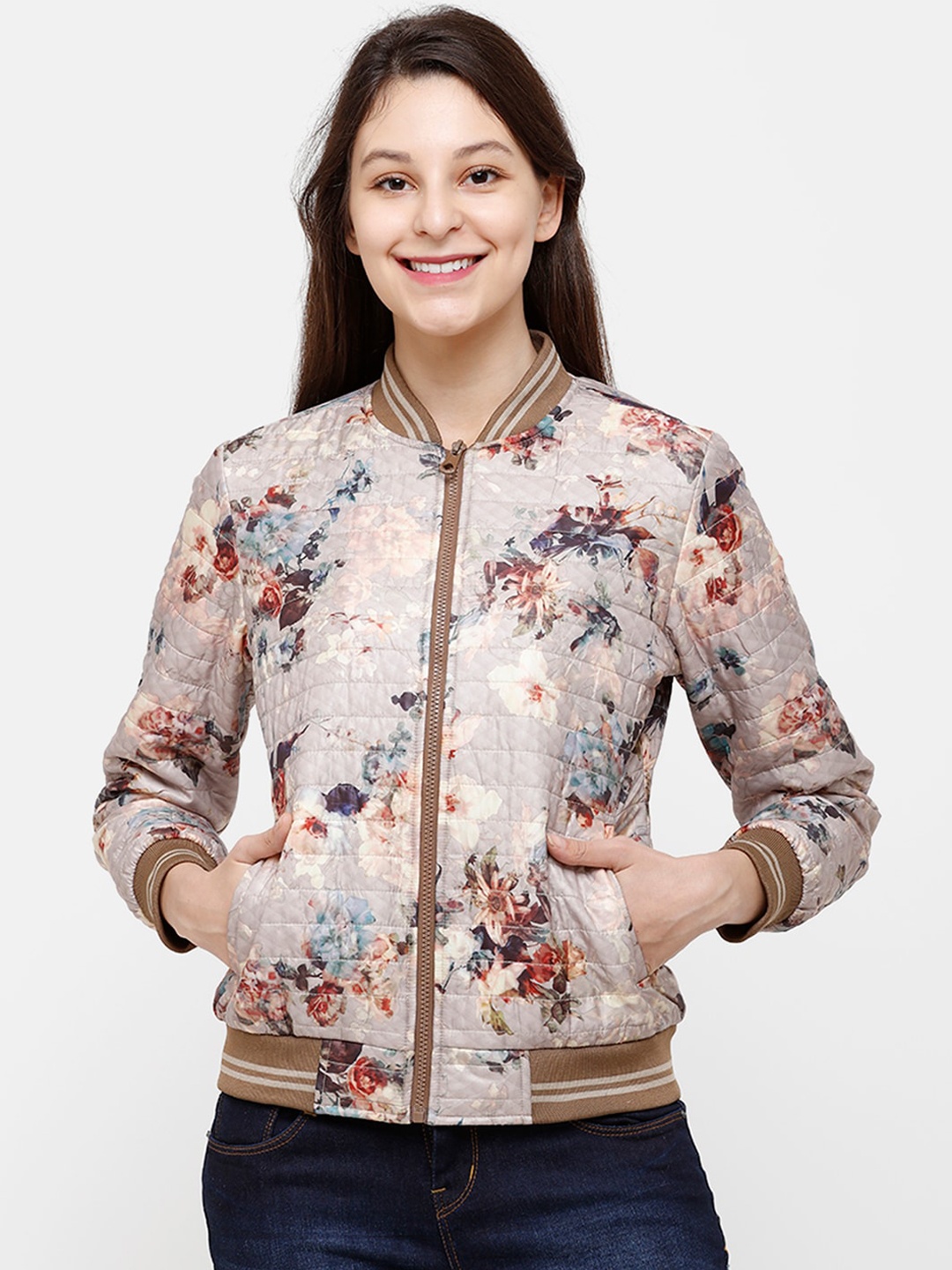 

HOUSE OF VEDAS Floral Printed Lightweight Embroidered Bomber Jacket, Tan