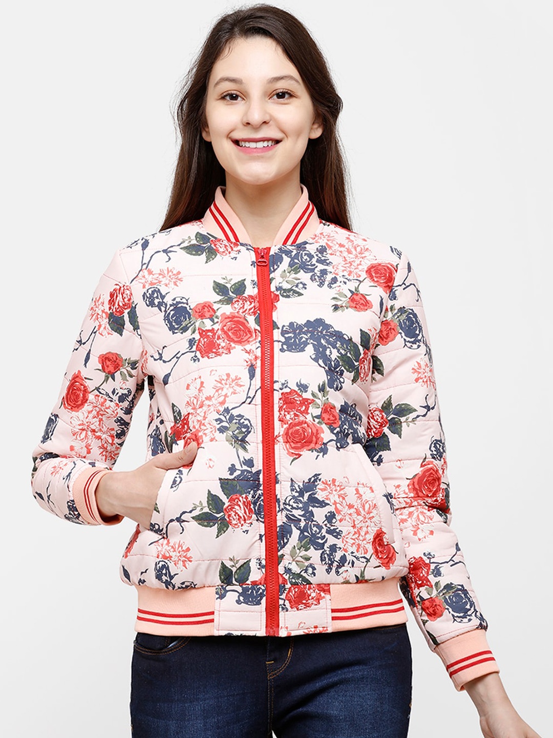 

HOUSE OF VEDAS Floral Printed Lightweight Bomber Jacket, Pink