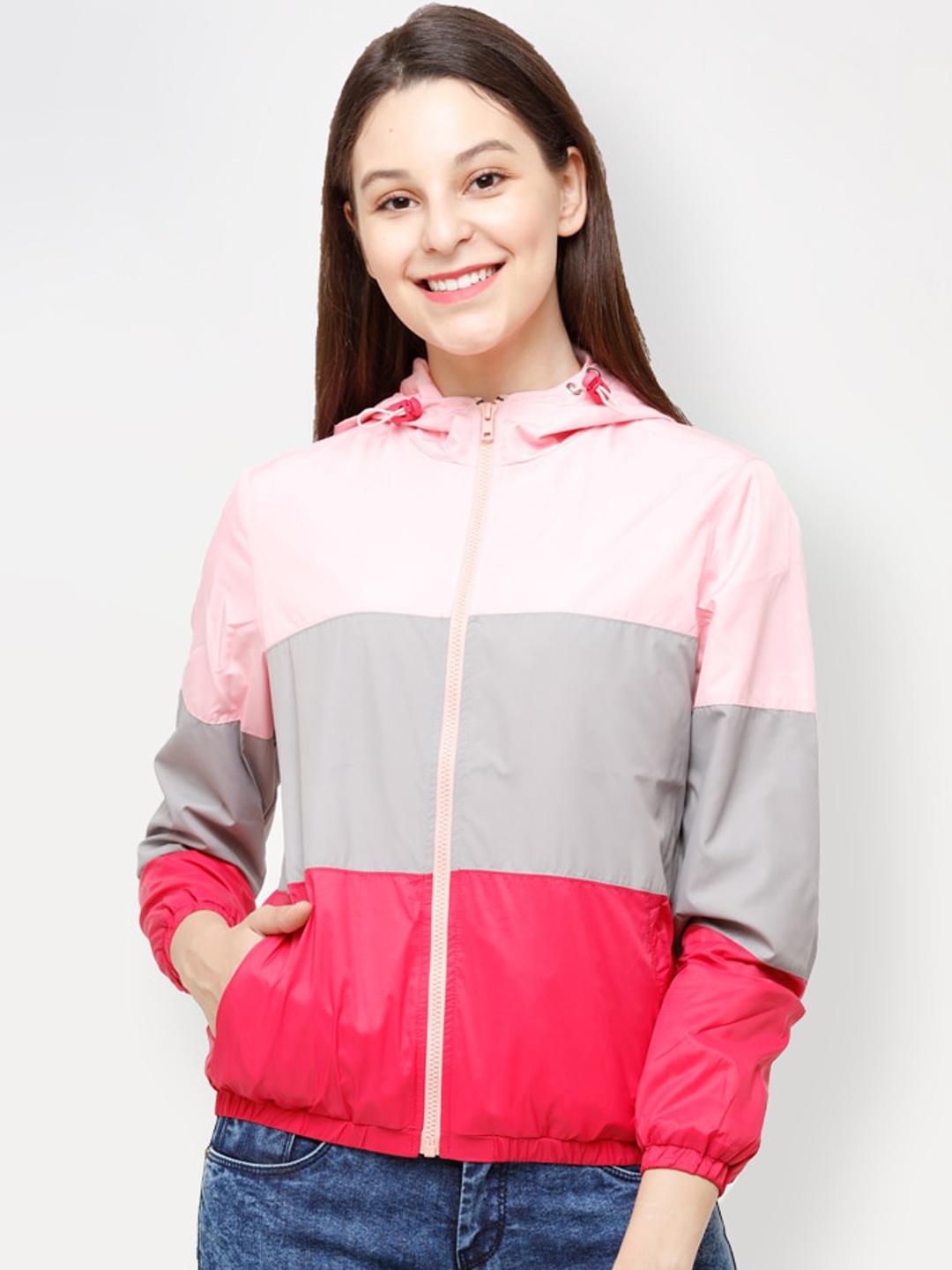 

HOUSE OF VEDAS Colourblocked Windcheater Hooded Parka Jacket, Pink
