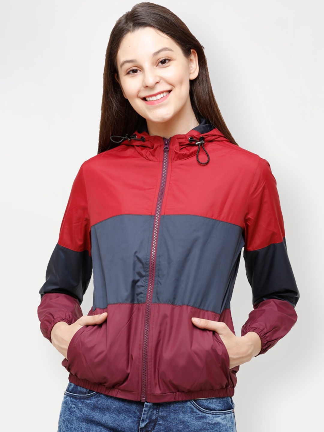 

HOUSE OF VEDAS Colourblocked Windcheater Hooded Bomber Jacket, Red