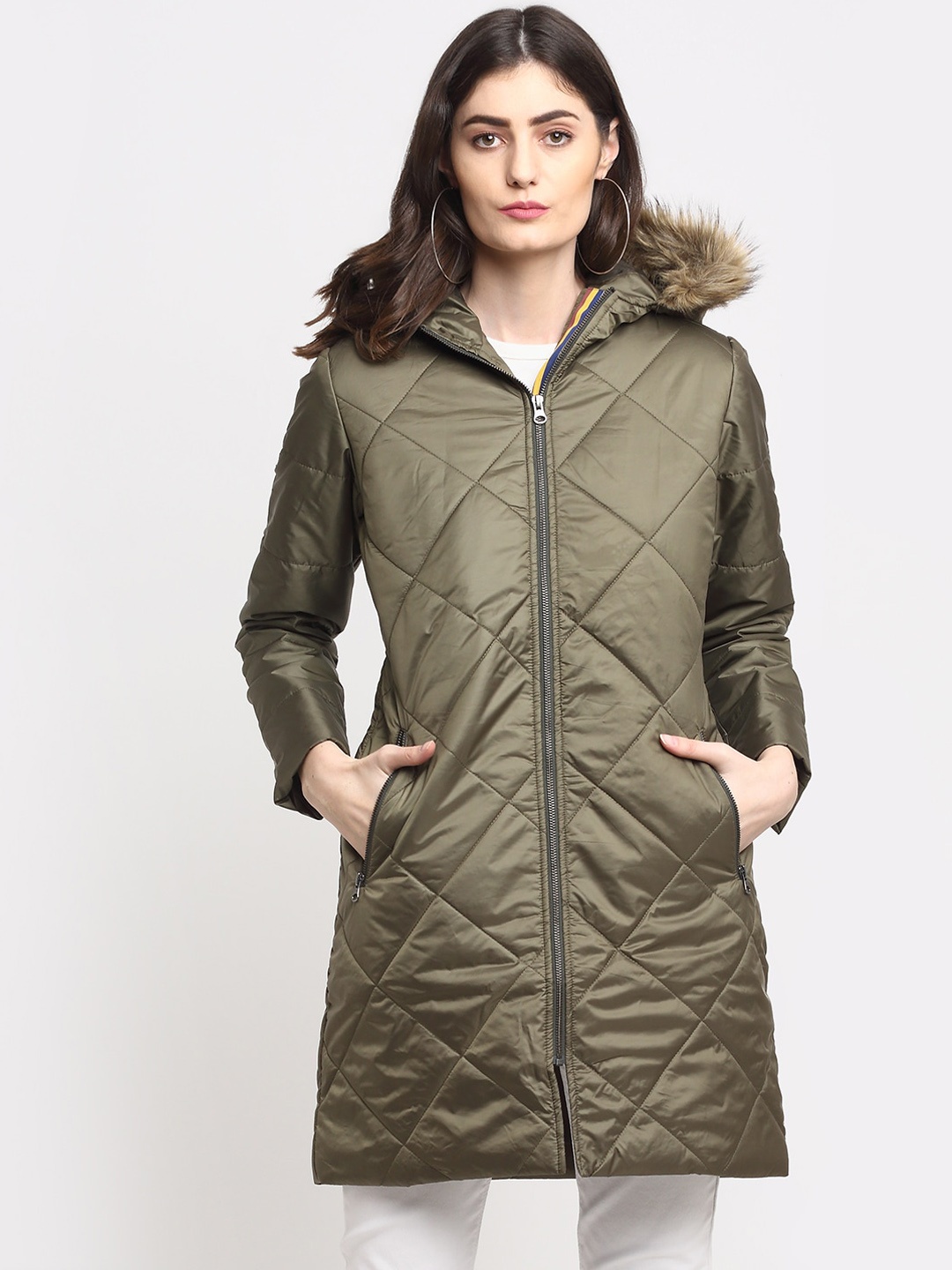 

HOUSE OF VEDAS Lightweight Faux Fur Trim Hooded Longline Quilted Jacket, Olive