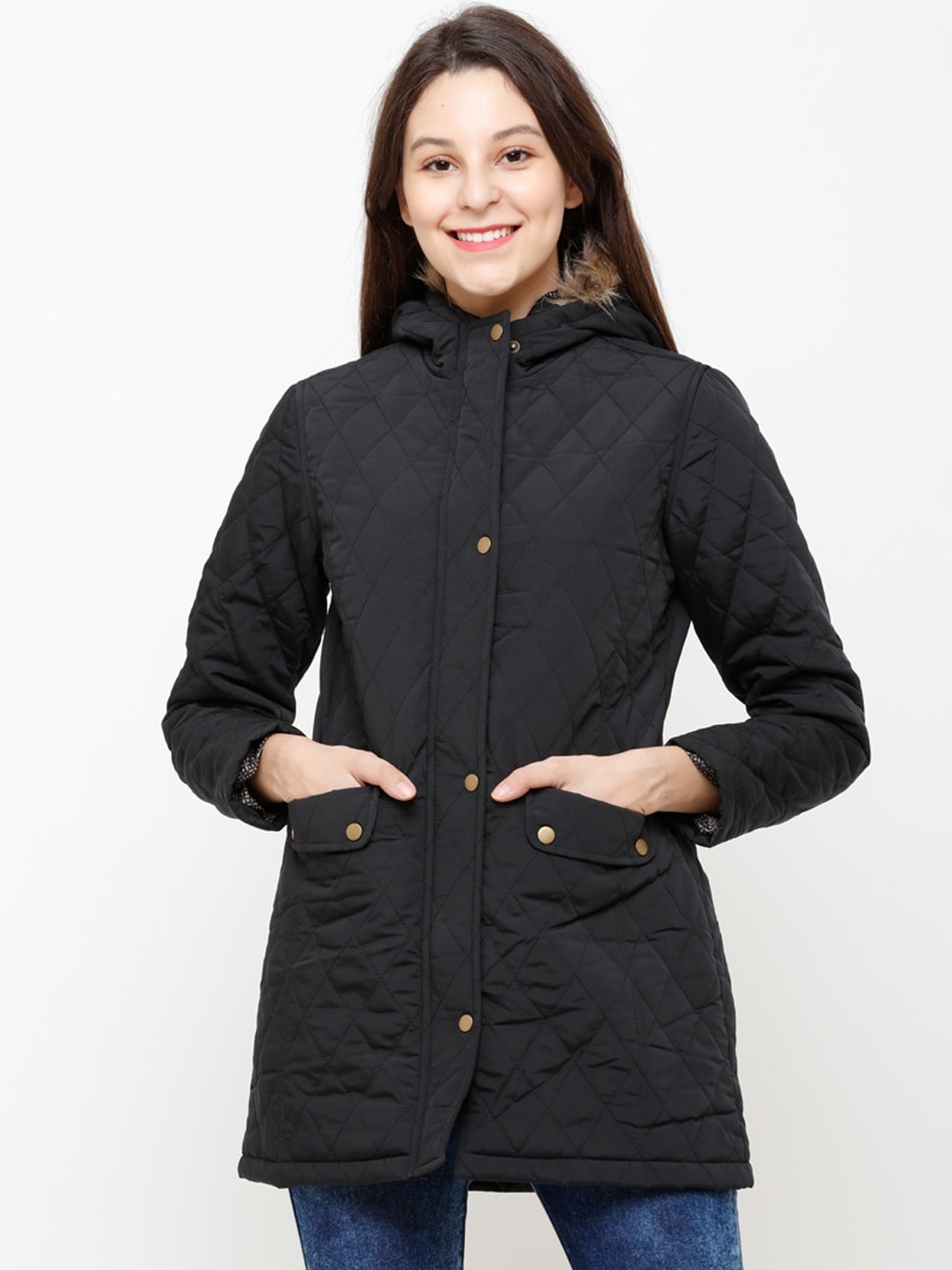 

HOUSE OF VEDAS Lightweight Faux Fur Trim Hooded Longline Padded Jacket, Black