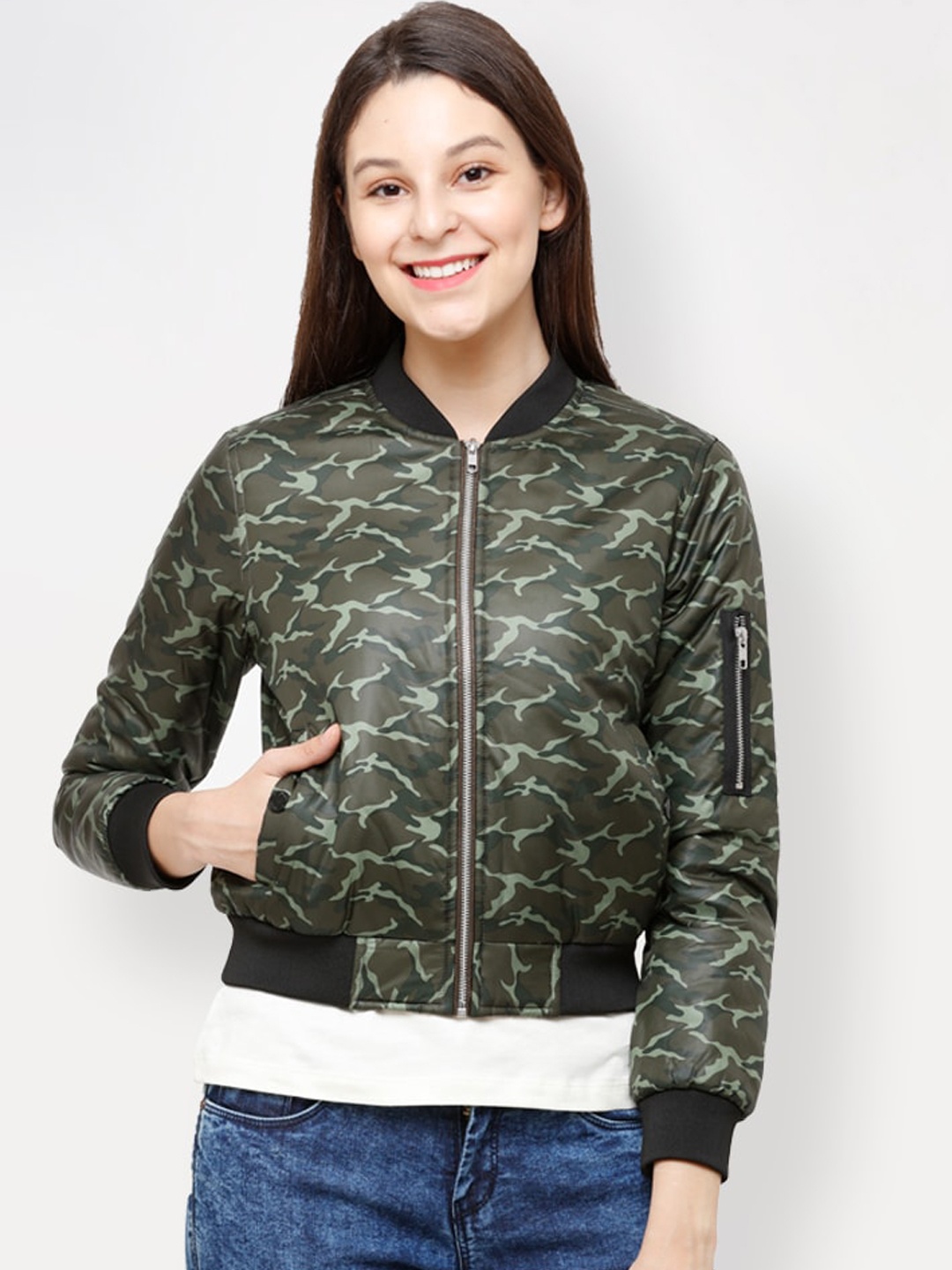 

HOUSE OF VEDAS Camouflage Printed Zip Detail Lightweight Bomber Jacket, Olive
