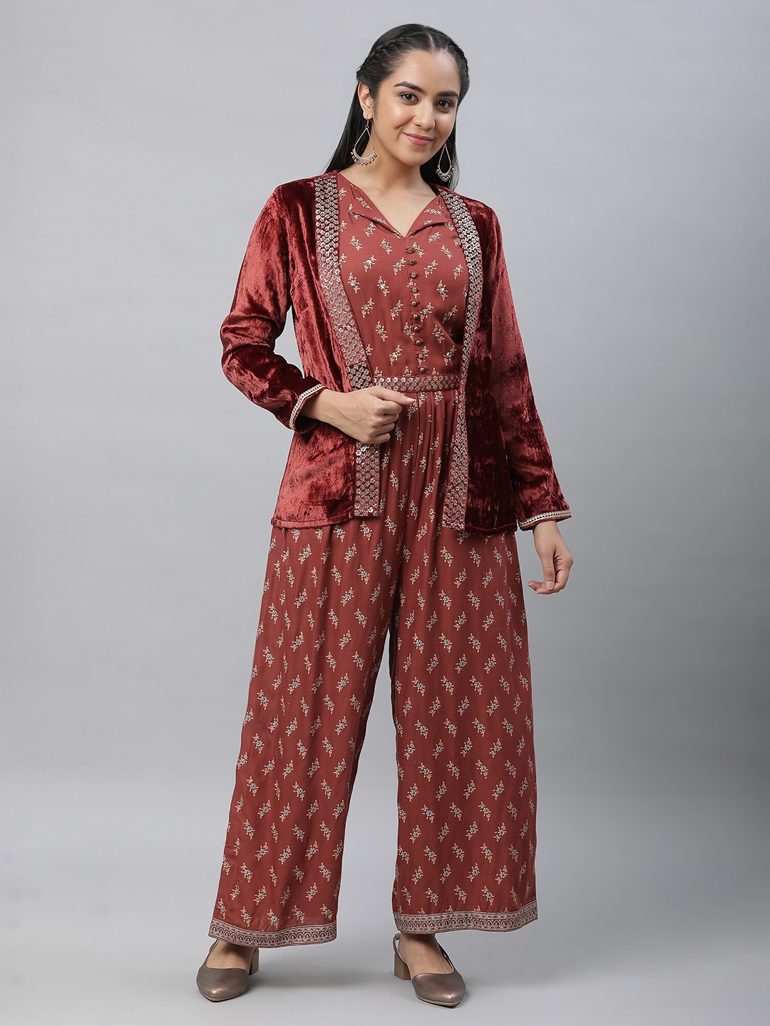 

AURELIA Floral Printed Embellished Basic Jumpsuit with Jacket, Brown