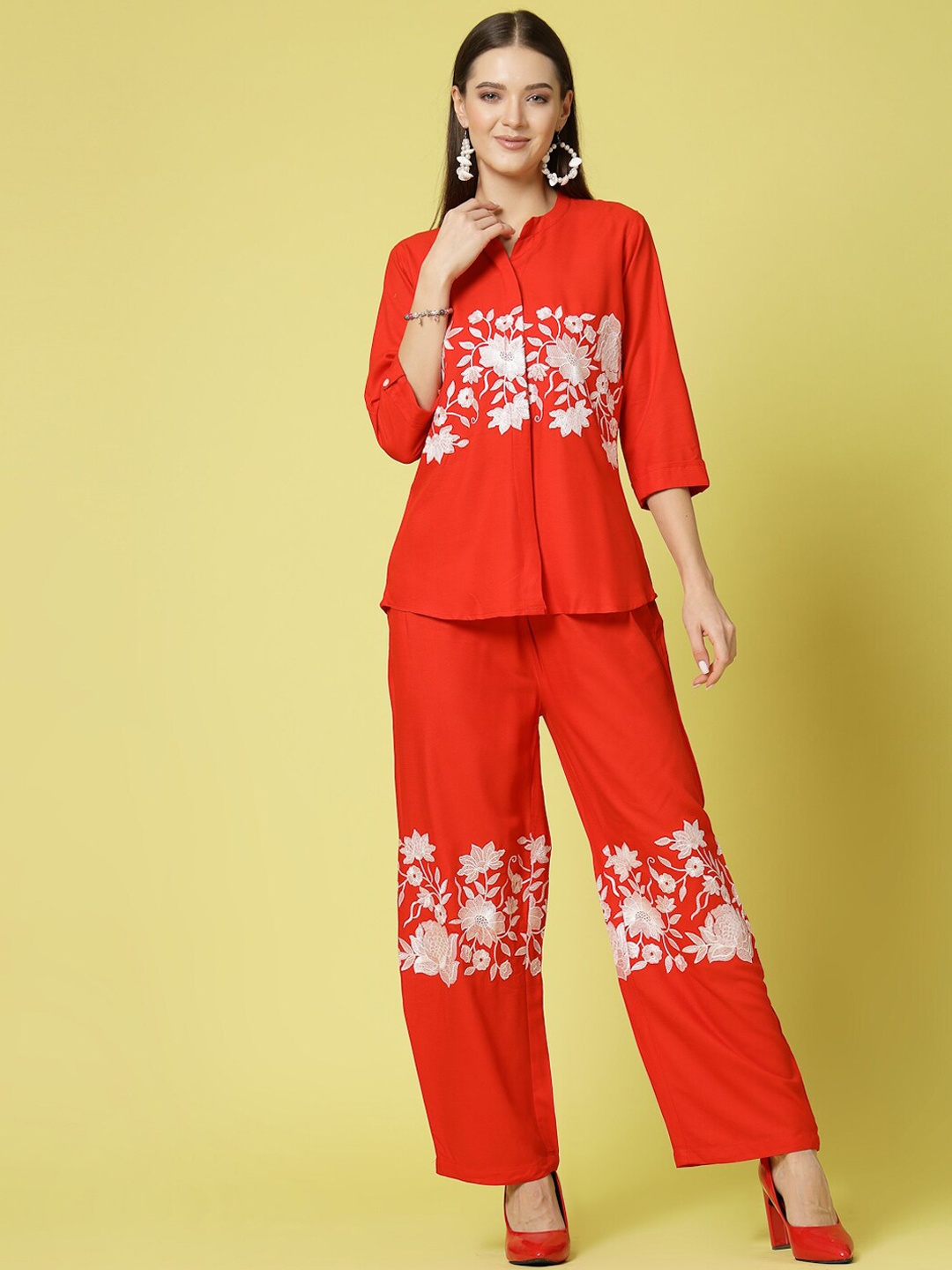 

ATRAENTA Floral Printed Mandarin Collar Pure Cotton Top with Trouser, Red