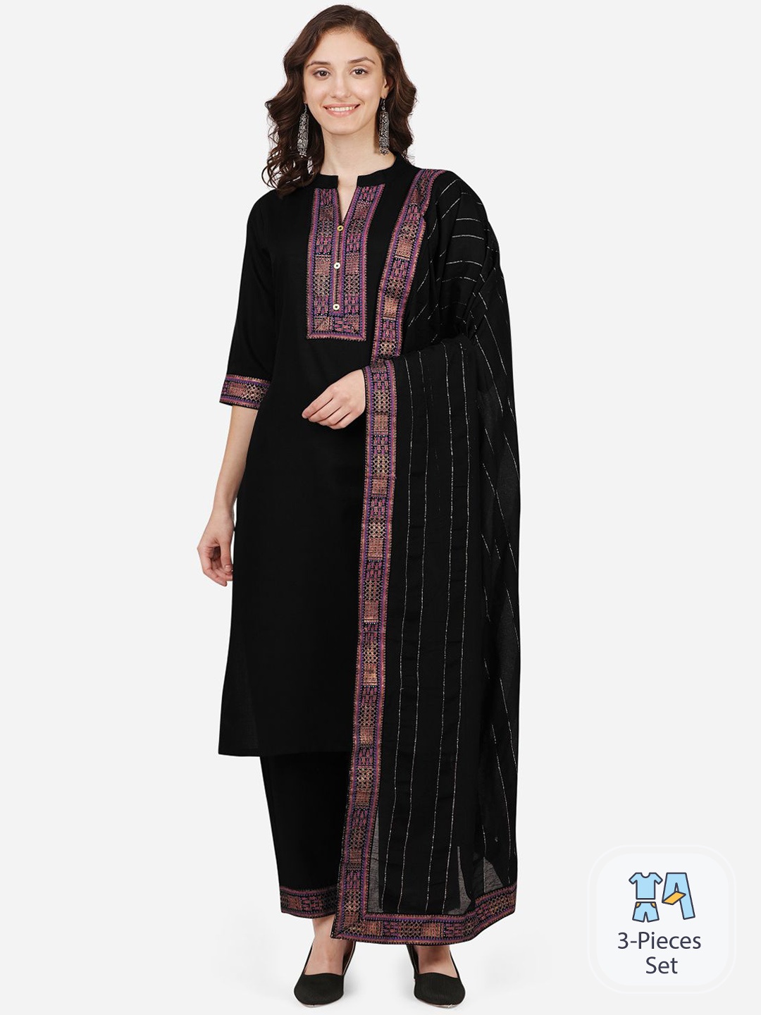 

APROZONE Ethnic Motifs Printed Straight Kurta with Trousers & With Dupatta, Black